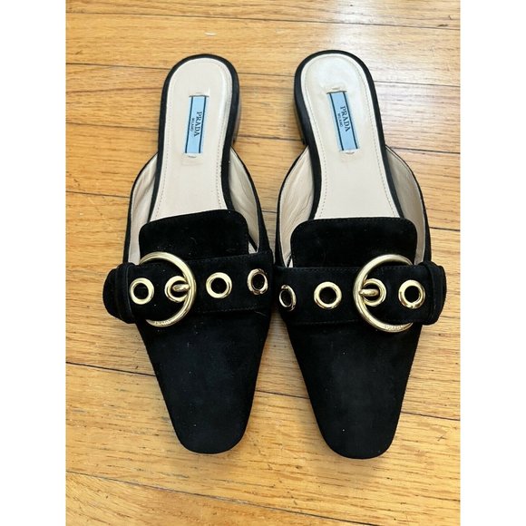 Prada Shoes - Prada Black Suede Gold Buckle Flats Slides Mules Size 37 EUC